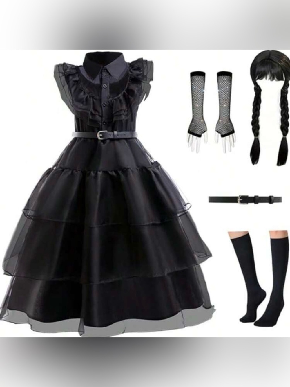 WEDNESDAY ADDAMS FAMILY Black Gothic Ruffled Tiered Dress Costume Set SIZE 7
